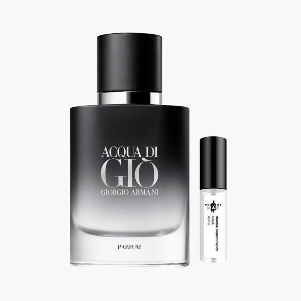 Decant Acqua di Giò Parfum 100% original, la fragancia Amaderada Acuática para hombre con notas marinas, bergamota, romero e incienso de olíbano, junto al frasco negro recargable | El Rey de los Perfumes