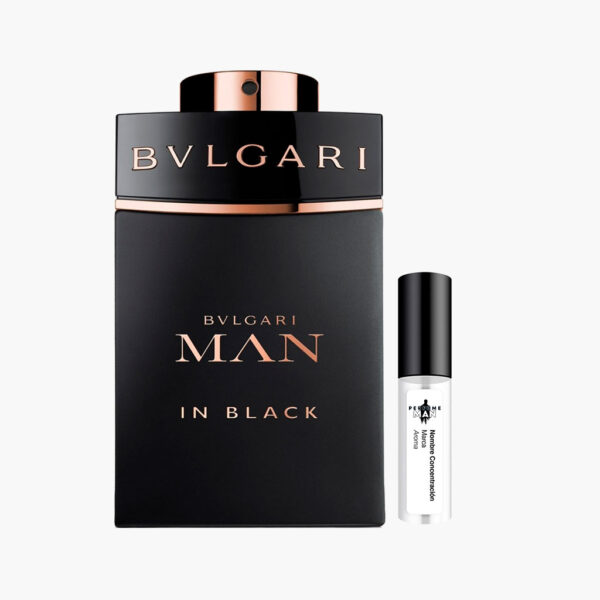 Decant Bvlgari Man In Black EDP 100% original, el perfume Ámbar Especiado para hombre con notas de ron, tabaco, cuero y haba tonka, junto al frasco negro mate | El Rey de los Perfumes