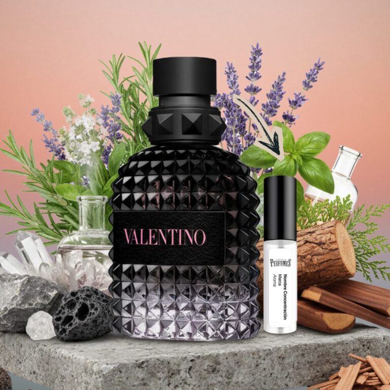 Perfume valentino born in roma junto a un frasco de decants de el rey de los perfumes y de fondo especies aromaticas
