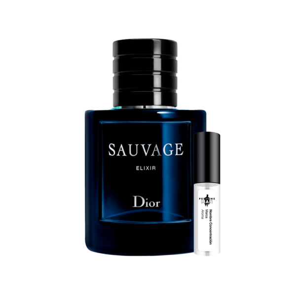 Decant Dior Sauvage Elixir Parfum Concentré 100% original, la fragancia Aromática Especiada intensa con lavanda, canela y regaliz, junto al frasco azul oscuro | El Rey de los Perfumes