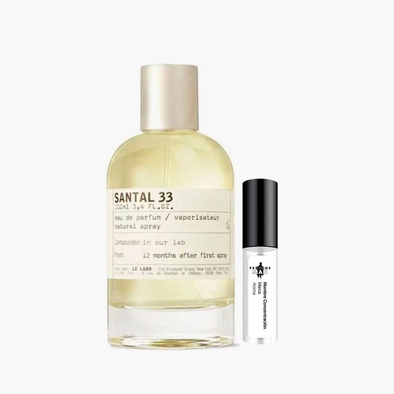 Decant Le Labo Santal 33 EDP 100% original, la fragancia nicho unisex de sándalo australiano, cuero y cardamomo, junto al frasco con etiqueta | El Rey de los Perfumes