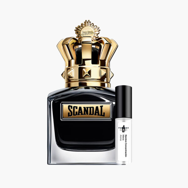 Decant Jean Paul Gaultier Scandal Le Parfum EDP Intense 100% original, la fragancia Ámbar Floral para mujer con notas de jazmín, caramelo, sal y vainilla, junto al frasco rojo con piernas doradas | El Rey de los Perfumes