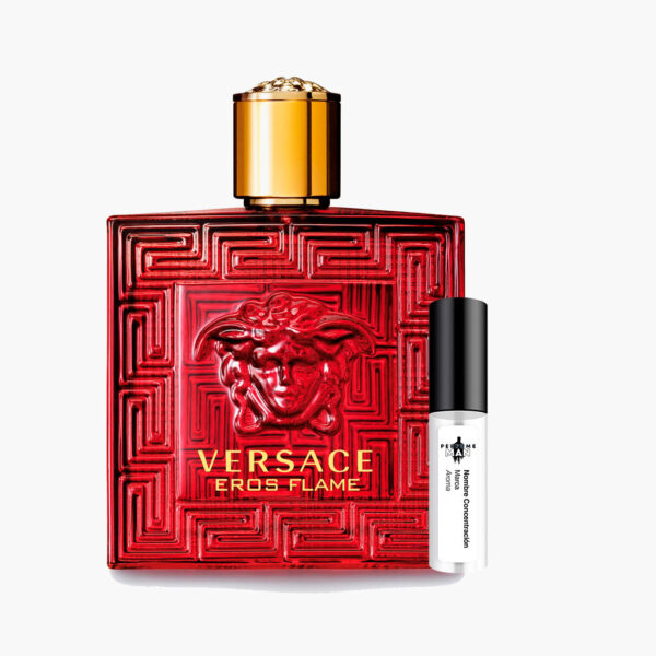 Decant Versace Eros Flame EDP 100% original, el perfume Amaderado Especiado para hombre con notas de mandarina, pimienta negra, vainilla y haba tonka, junto al frasco rojo con la Medusa | El Rey de los Perfumes