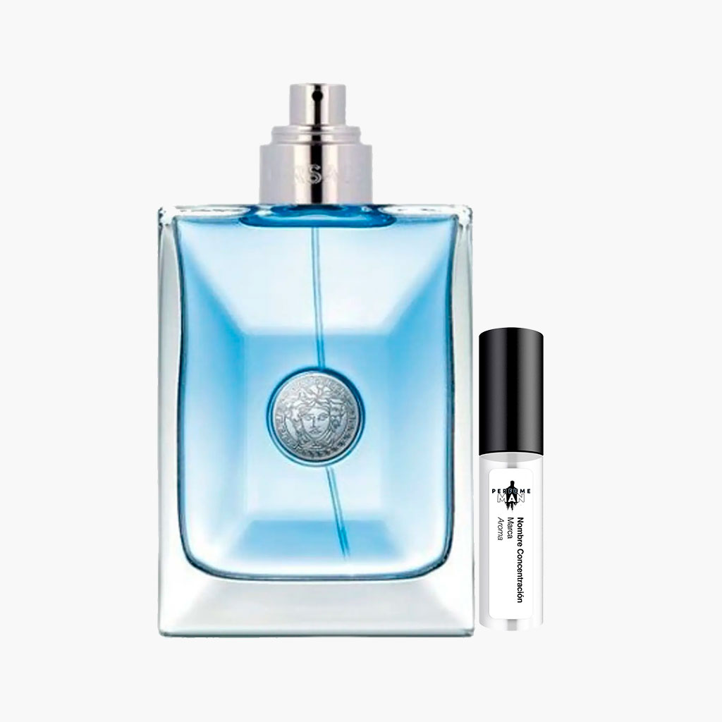Decant Versace Pour Homme EDT 100% original, la fragancia Aromática Fougère para hombre con notas de limón, bergamota, neroli y cedro, junto al frasco transparente Versace | El Rey de los Perfumes