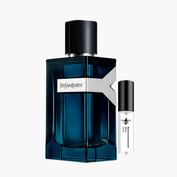 Decant Y Eau de Parfum Intense YSL 100% original, la fragancia Aromática Fougère para hombre con notas de jengibre, enebro, lavanda y vetiver, junto al frasco azul oscuro | El Rey de los Perfumes