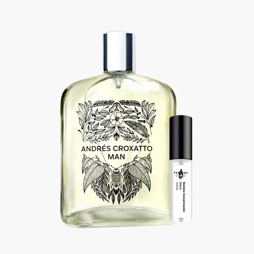 Decant Andrés Croxatto Man EDP 100% original, la fragancia Amaderada Aromática con notas de bergamota, pasto fresco, ginebra y vainilla, junto al frasco cilíndrico | El Rey de los Perfumes