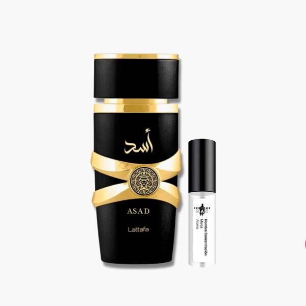 Decant Asad de Lattafa Perfumes Eau de Parfum EDP 100% original, el clon árabe de Dior Sauvage Elixir, junto a su frasco | El Rey de los Perfumes