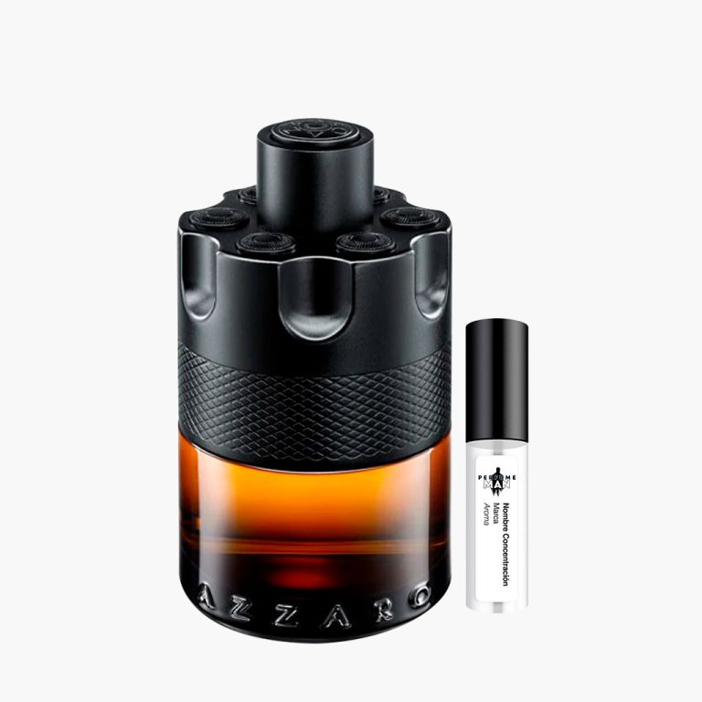 Decant Azzaro The Most Wanted EDP Intense 100% original, el perfume Ambar Especiado para hombre con notas de cardamomo, toffee y Amberwood, junto al frasco negro cilíndrico | El Rey de los Perfumes