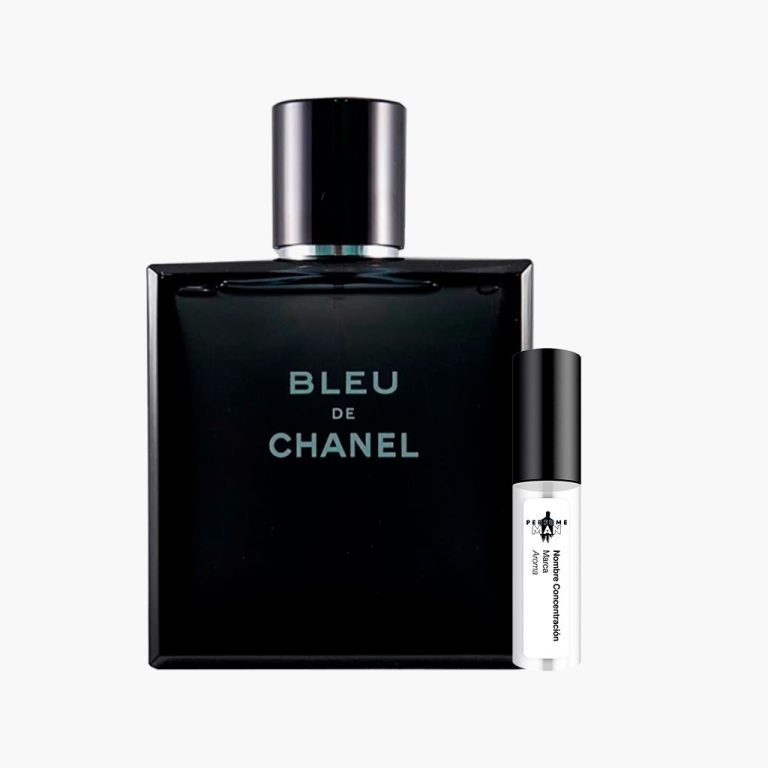 Decant Bleu de Chanel EDP 100% original, la fragancia Amaderada Aromática para hombre con notas de toronja, incienso, jengibre y cedro, junto al frasco azul oscuro | El Rey de los Perfumes