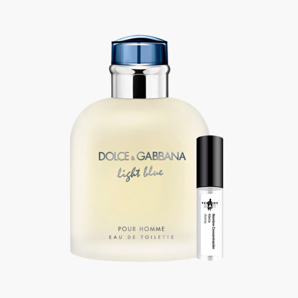 Decant Dolce & Gabbana Light Blue Pour Homme EDT 100% original, la fragancia Cítrica Aromática fresca para hombre con notas de toronja, bergamota, pimienta y musgo de roble, junto al frasco azul esmerilado | El Rey de los Perfumes