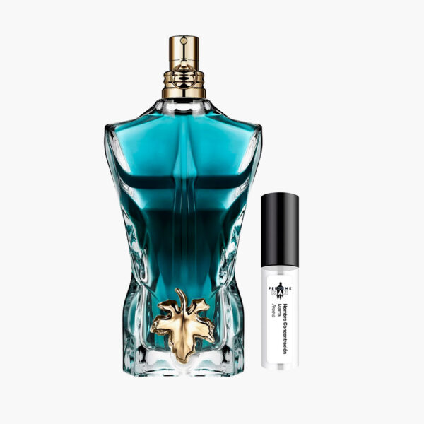 Decant Jean Paul Gaultier Le Beau 100% original, perfume sensual de coco, piña y haba tonka, junto al frasco torso negro y verde | El Rey de los Perfumes