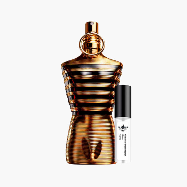 Decant Jean Paul Gaultier Le Male Elixir Parfum 100% original, el perfume beast mode con notas de vainilla, miel y tabaco, junto al frasco torso dorado y marrón | El Rey de los Perfumes