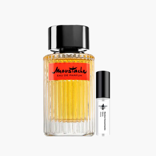 Decant Rochas Moustache Eau de Parfum EDP 100% original, el perfume de rosa, vainilla y pachulí, clon de YSL Tuxedo, junto al frasco | El Rey de los Perfumes
