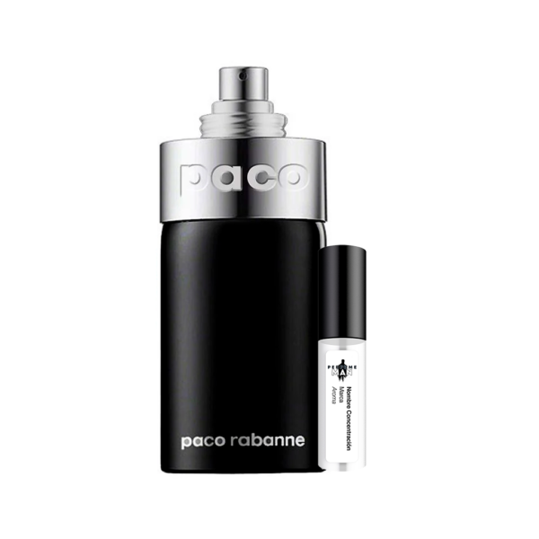 Decant Paco EDT 100% original de Paco Rabanne, la fragancia unisex Cítrica Aromática con notas de limón, pino y té, junto al frasco plateado | El Rey de los Perfumes