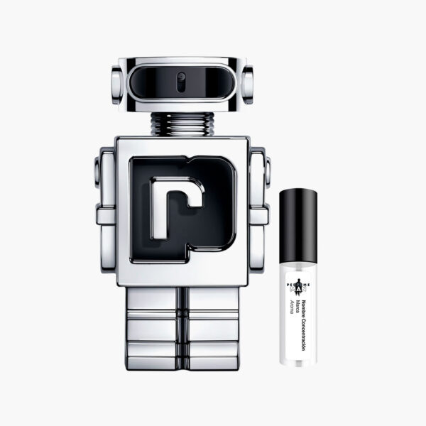 dDecant Paco Rabanne Phantom EDT 100% original, la fragancia Amaderada Aromática para hombre con notas de lavanda, limón, manzana y vainilla, junto al frasco con forma de robot | El Rey de los Perfumes