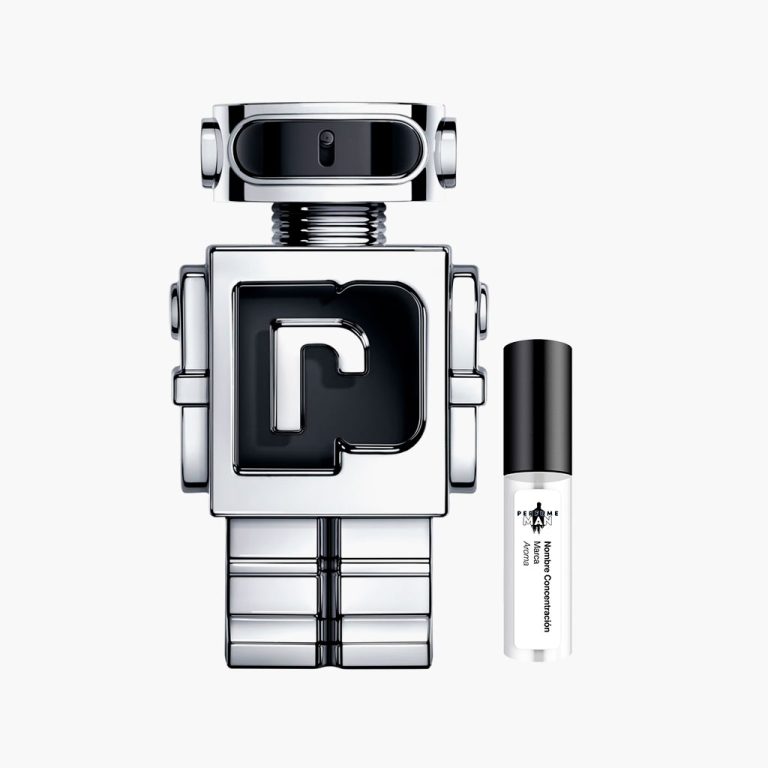 dDecant Paco Rabanne Phantom EDT 100% original, la fragancia Amaderada Aromática para hombre con notas de lavanda, limón, manzana y vainilla, junto al frasco con forma de robot | El Rey de los Perfumes