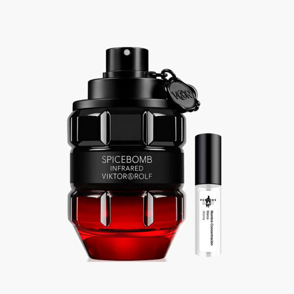 Decant Viktor & Rolf Spicebomb Infrared 100% original, el perfume Ámbar Especiado para hombre con notas de chile rojo, canela, frutos rojos y tabaco, junto al frasco en forma de granada rojo | El Rey de los Perfumes