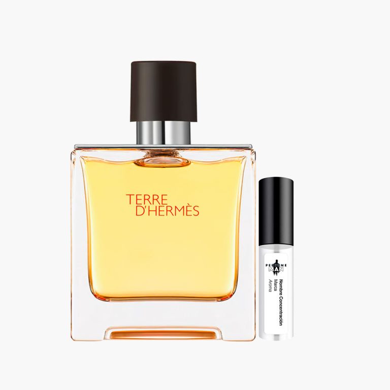 Decant Hermès Terre d'Hermès Parfum Pure Perfume 100% original, la fragancia Amaderada Chipre clásica con notas de naranja, pomelo, sílex y vetiver para hombre, junto al frasco cuadrado | El Rey de los Perfumes