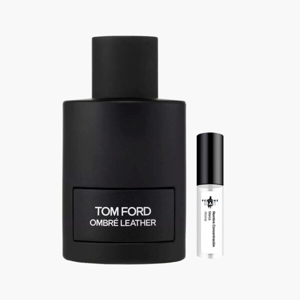Decant Tom Ford Ombré Leather EDP 100% original, la fragancia Cuero unisex con notas de cardamomo, jazmín, cuero y ámbar, junto al frasco negro mate | El Rey de los Perfumes