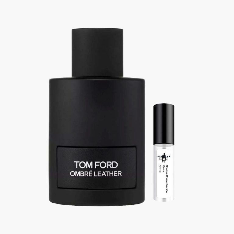 Decant Tom Ford Ombré Leather EDP 100% original, la fragancia Cuero unisex con notas de cardamomo, jazmín, cuero y ámbar, junto al frasco negro mate | El Rey de los Perfumes