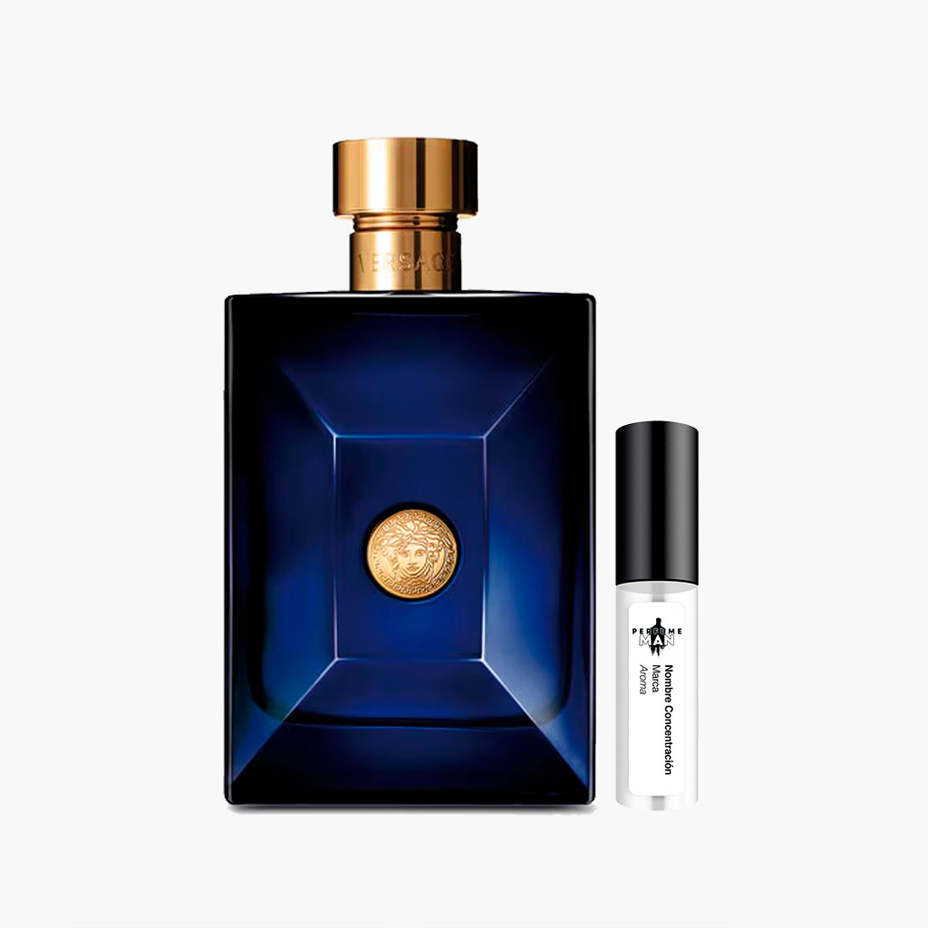 Decant Versace Pour Homme Dylan Blue EDT 100% original, la fragancia Aromática Fougère para hombre con notas acuáticas, ambroxan, toronja e incienso, junto al frasco azul Versace | El Rey de los Perfumes