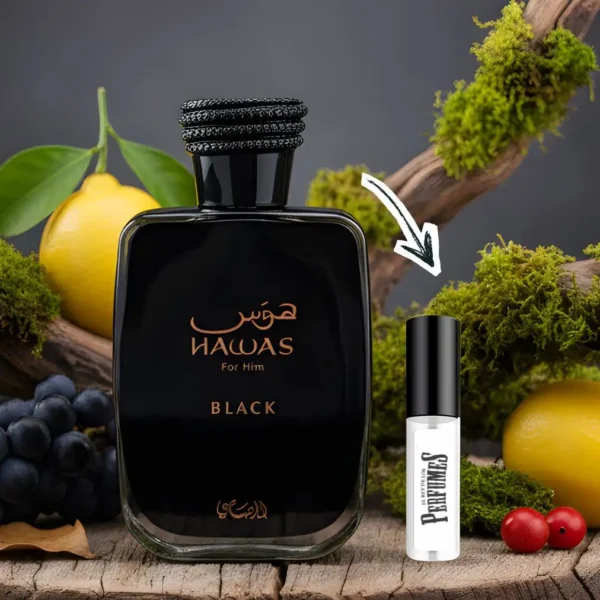 Perfumes hawas black junto a decant de el rey de los perfumes